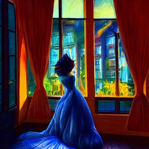 Image similar to giant flower under head, woman next to modern windows, luxury apartment, surreal photography, dramatic light, impressionist painting, digital painting, artstation, arthur adams