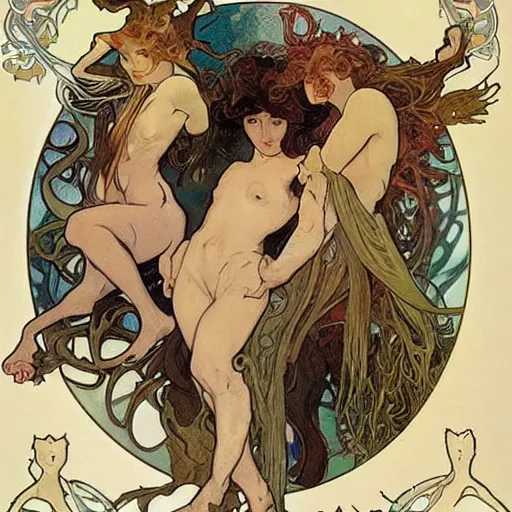 Prompt: a monsterous scary inhuman group of fully clothed fae with animalistic features by alphonse mucha and brian froud