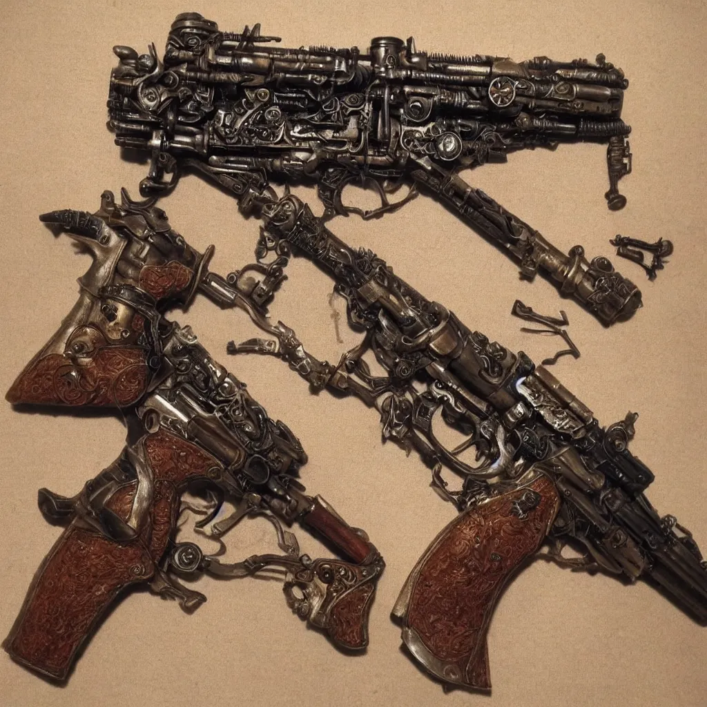 Prompt: a gun very cool, steampunk style,, highly detailed, photorealistic