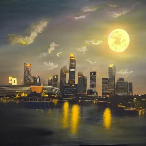 Image similar to a painting of singapore as a moon base, beautiful lighting, ultra realistic