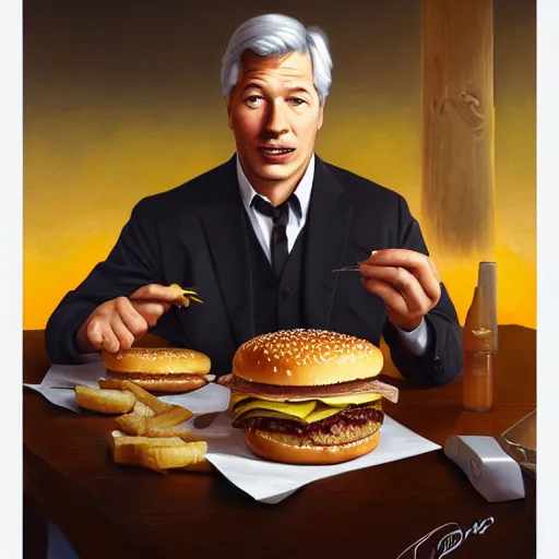 Prompt: portrait of jamie dimon eating hamburgers, extra onions and ketchup, luscious patty with sesame seeds, feminine ethereal, handsome, d & d, fantasy, intricate, elegant, highly detailed, digital painting, artstation, concept art, matte, sharp focus, illustration, art by artgerm and greg rutkowski and alphonse mucha