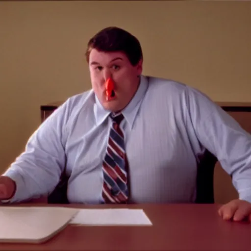 Image similar to clean - shaven chubby white man wearing a shirt and necktie sitting at a desk making a goofy face, 1 9 8 9 movie still, cinematography, cinematic lighting