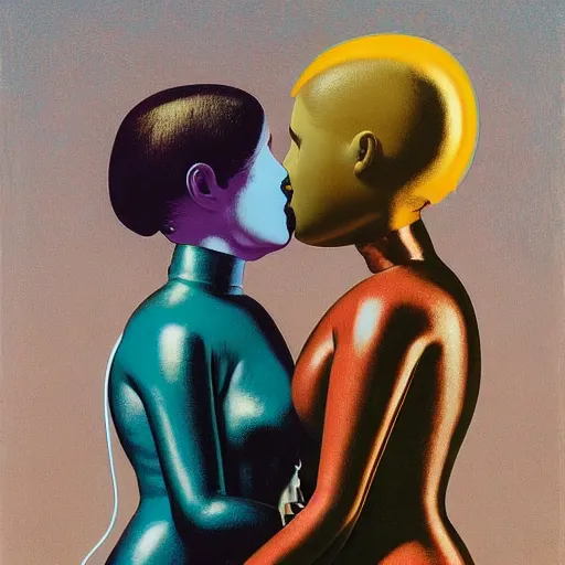 Image similar to portrait of an two girls kissing each other wearing astro helmet with tight black latex dress tight suit by Andy warhol, Edward Hopper and James Gilleard, Zdzislaw Beksinski, Mark Ryden, Wolfgang Lettl highly detailed