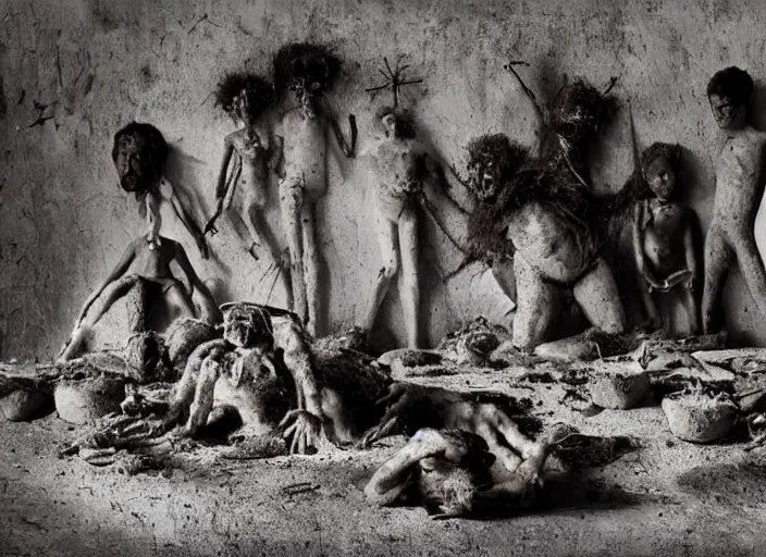 Image similar to sensual scene from art house film by alejandro jodorowsky, roger ballen : : surreal scene of an occult ritual in a picturesque outdoors setting : : mirrors, ashes, new guinea mud man, costumes, snakes, smoke, burned dolls : : close - up of the actors'faces : : technicolor, 8 k