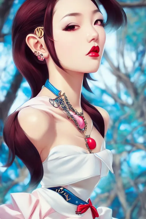 Image similar to a pin up and beautiful fashion dreamlke japan girl with lv jewelry, character art, art by artgerm and wlop and and ilya kuvshinov, hyperdetailed, 8 k realistic, symmetrical, frostbite 3 engine, cryengine, dof, trending on artstation, digital art, chanel, dior, fantasy background