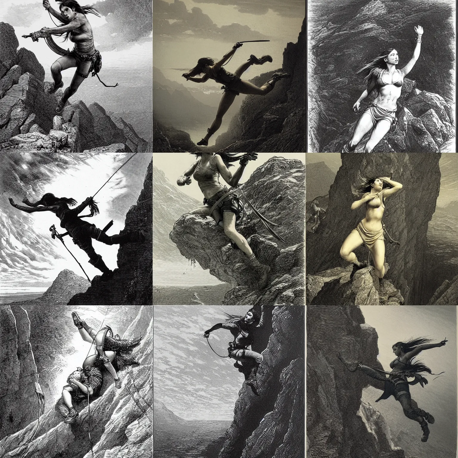 Prompt: Lara Croft falling off a cliff, Gustave Dore lithography