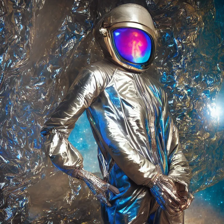 Image similar to octane render portrait by wayne barlow and carlo crivelli and glenn fabry, subject is a woman covered in tie - dye aluminum foil space suit with a iridescent metallic space helmet, inside a dark gothic rococo palace, cinema 4 d, ray traced lighting, very short depth of field, bokeh