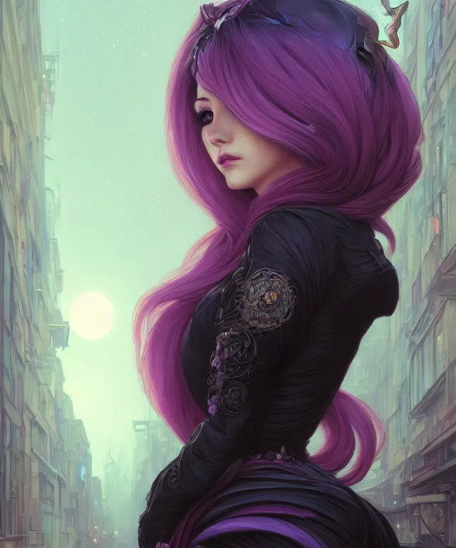 Image similar to anthropomorphic female Rabbit, eastern european origin, sci-fi, pink eyes, face, black and purple hair, fantasy, intricate, elegant, new york alleyway, moonlit, highly detailed, digital painting, artstation, concept art, smooth, sharp focus, illustration, art by artgerm and greg rutkowski and alphonse mucha