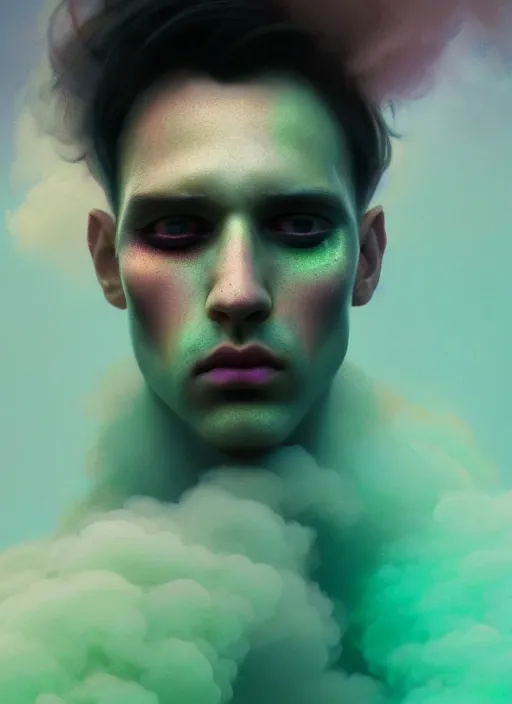 Image similar to an ethereal, misty portrait of a man whose face is accented with neon - toned glowing eyeliner. the makeup floats off his face and joins swirling clouds of smoke and fog, becoming an aurora. muted tones. surreal portrait, cinematic lighting, 8 k, smooth, sharp focus, digital painting, rendered in octane, painted by tom bagshaw, artgerm