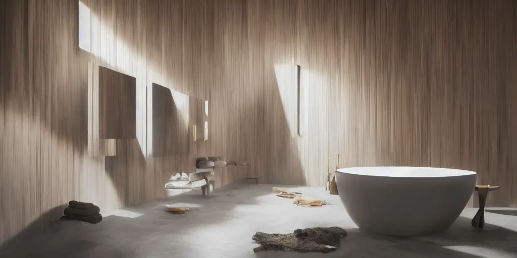 Image similar to beautiful oil matte portrait painting, modern bathroom with wood paneling and concrete walls designed by zaha hadid, wonderful masterpiece, highly detailed, beautiful cinematic light, deep focus, elegant, digital painting, smooth, sharp focus, golden ratio, dramatic illumination, ultra realistic, 8 k, art by artemisia lomi gentileschi and caravaggio