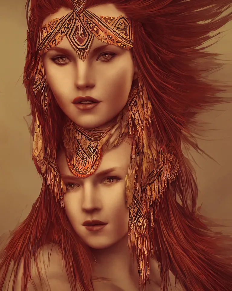 Image similar to redhead woman wearing tribal clothing, dramatic lighting, sakimichan, concept art, 4 k