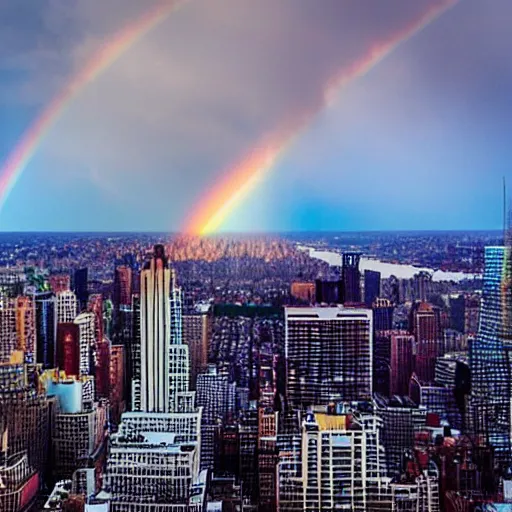 Prompt: rainbow with impossible color spectrum in the sky of new york city