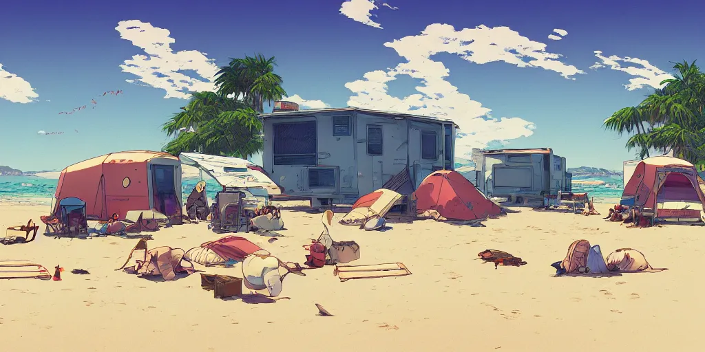 Image similar to precisely drawn illustration of a small camp on a beach. Wide angle, Sharp, Fine Details, Anime, Manga, Cyberpunk, realistic shaded lighting, in style of Katsuhiro Otomo, Ghost in the Shell, Magali Villeneuve, Artgerm, Rutkowski, Jeremy Lipkin, Giuseppe Dangelico Pino, Michael Garmash and Rob Rey