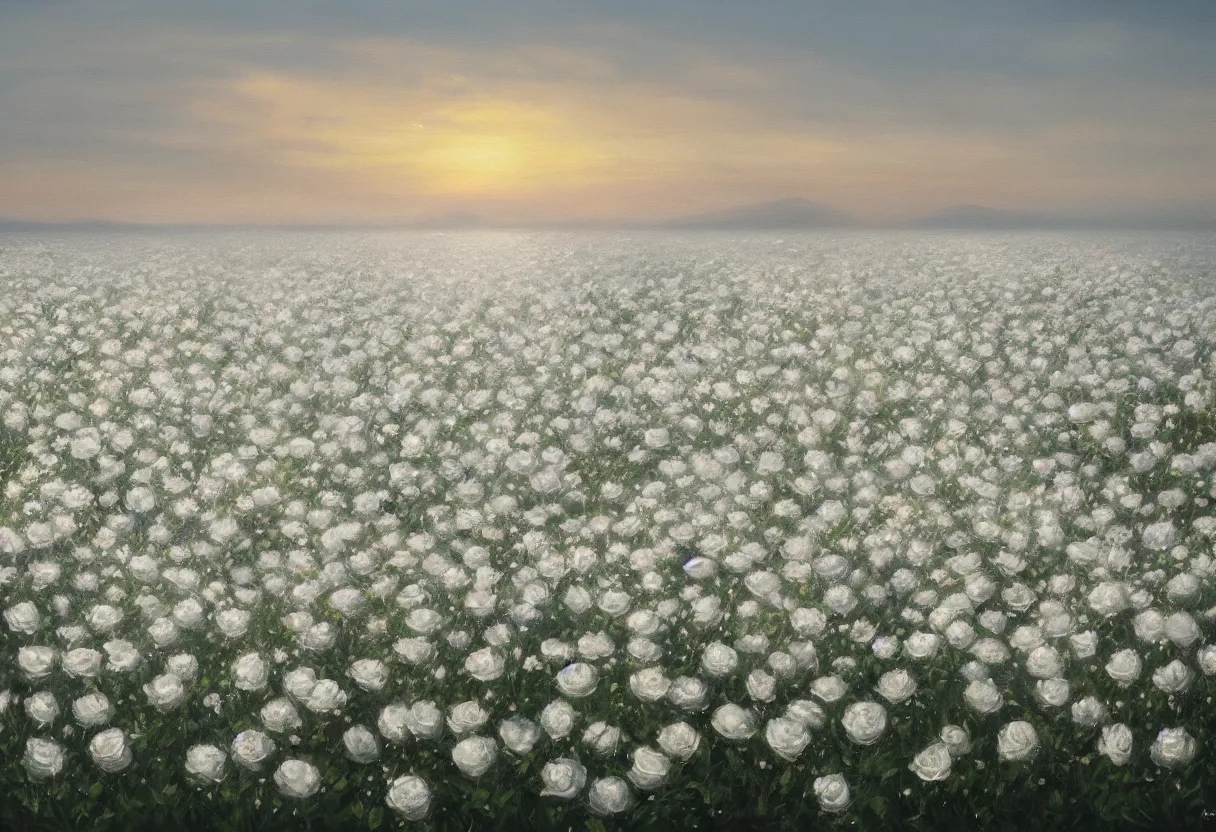 Image similar to a painting of a sea of white rose flowers, romantic, sunset, 4 k, trending on artstation in the style of greg rutkowski