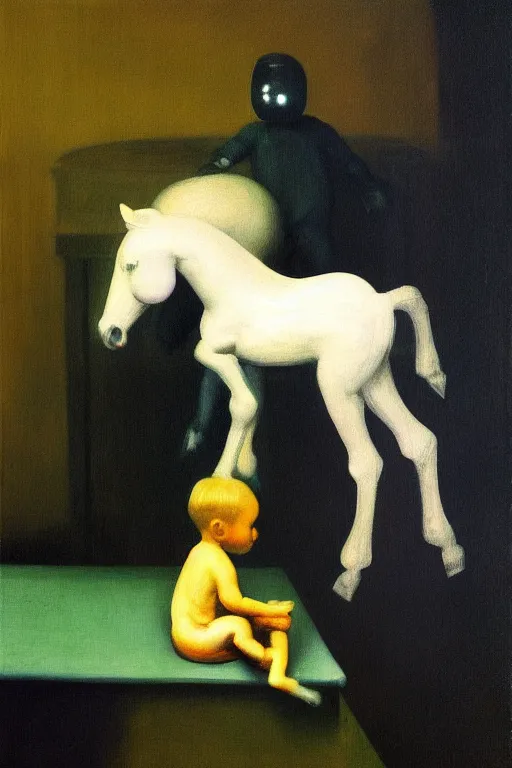 Image similar to small foal sits on the back of his astronaut father, hauntingly surreal, highly detailed painting by francis bacon, edward hopper, adrian ghenie, gerhard richter, and james jean soft light 4 k,