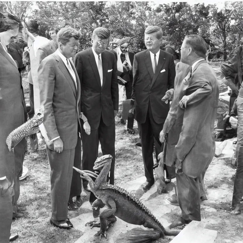 Image similar to vintage photo of president kennedy meeting with an argonian lizard warrior in skryim