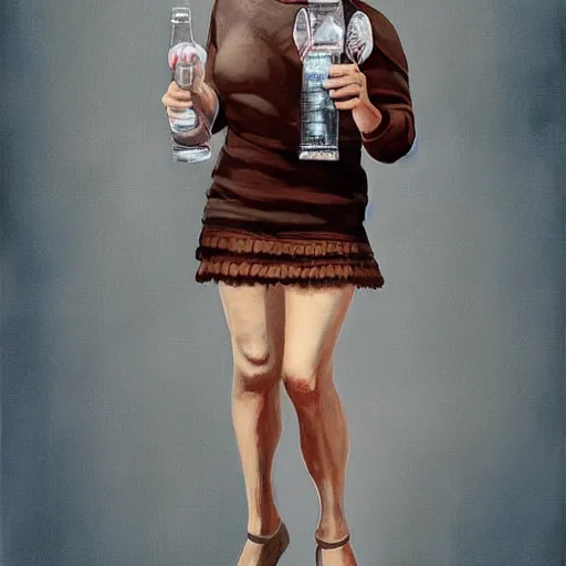 Image similar to vladimir putin wearing a mini skirt and holding a bottle of arak, cinematic, beautiful digital painting, hyper detailed