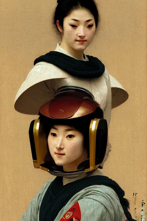 Image similar to portrait of an ancient human species women in samurai astronaut helmets, by bouguereau