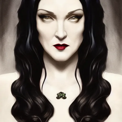 Image similar to catherine o'hara as morticia addams, masterpiece, intricate, elegant, highly detailed, digital painting, artstation, concept art, smooth, sharp focus, illustration, art by artgerm and greg rutkowski and alphonse mucha and uang guangjian and gil elvgren and sachin teng, symmetry!!
