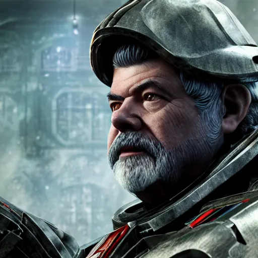 Image similar to portrait of george lucas as the emperor of humanity from warhammer 4 0 k in gears of war, splash art, movie still, cinematic lighting, dramatic, octane render, long lens, shallow depth of field, bokeh, anamorphic lens flare, 8 k, hyper detailed, 3 5 mm film grain