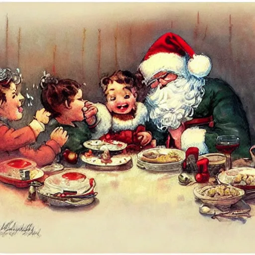 Prompt: (((((1950s cozy Christmas dinner with santa klaus . muted colors.))))) by Jean-Baptiste Monge !!!!!!!!!!!!!!!!!!!!!!!!!!!