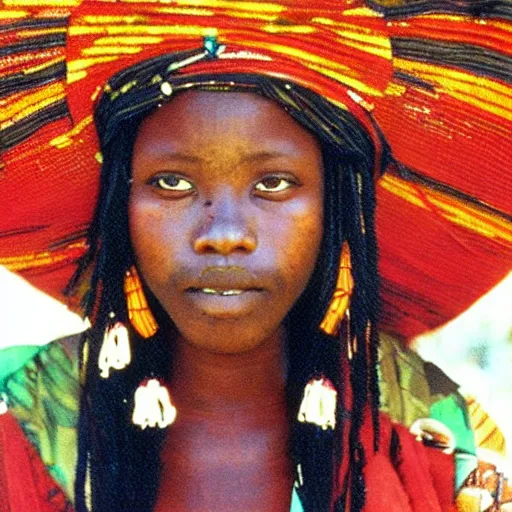 Prompt: “ african shrine maiden. photograph, 1 9 8 0 s. in the background is a city out of focus ”