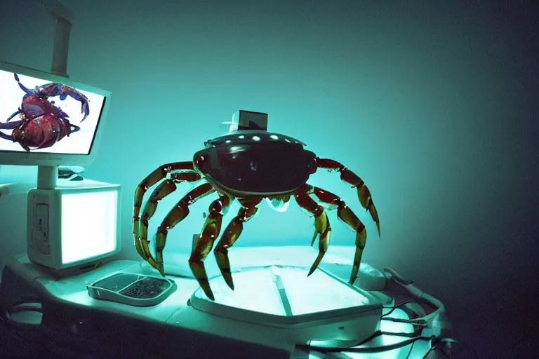 Prompt: robot cute cyborg - crab underwater, in 2 0 1 2, bathed in the the glow of a crt television, crabcore cybercore, low - light photograph, photography by tyler mitchell