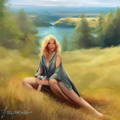 Image similar to blonde female jedi, Swedish countryside, landscape view, archipelago, freedom, abstract, by Vladimir Volegov, wlop, artstation