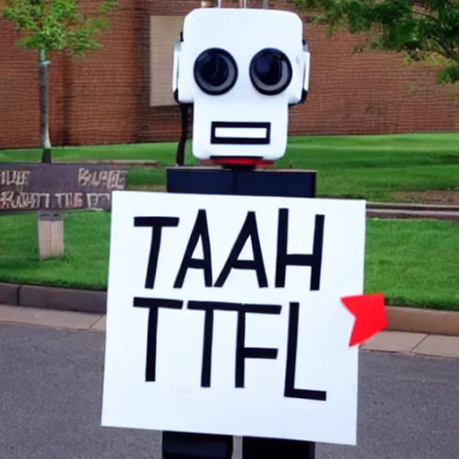 Image similar to a robot holding a sign saying teach me to spell