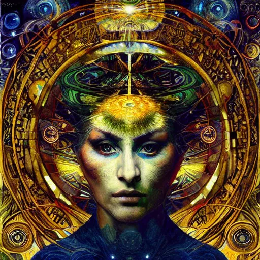 Image similar to a beautiful visionary portrait of Divine Chaos Engine by Karol Bak, Jean Deville, Gustav Klimt, and Vincent Van Gogh, sacred geometry, mystic, spiritual, fractal structures, ornate gilded medieval icon, third eye, spirals