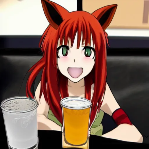 Prompt: anime foxgirl drinks beer