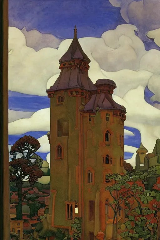 Image similar to view of the old tower and its gardens after a storm, tall windows lit up, beautiful ornamental architecture, dramatic cinematic lighting, rich colors, by Nicholas Roerich and and Caspar David Friedrich and ford madox brown and April Gornik and William Dyce and ((Diego Rivera)), smooth featured on artstation