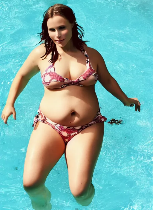 Prompt: thick chubby curvy kristen bell in a bikini with a fat chubby belly sitting on the edge of a pool