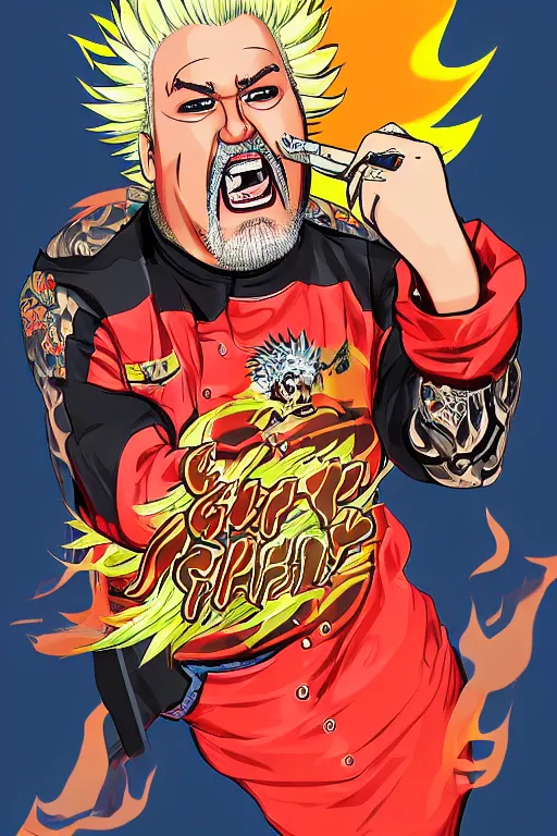 Image similar to Guy Fieri as a Genshin Impact character, digital illustration, dynamic portrait, detailed illustration artstation cgsociety