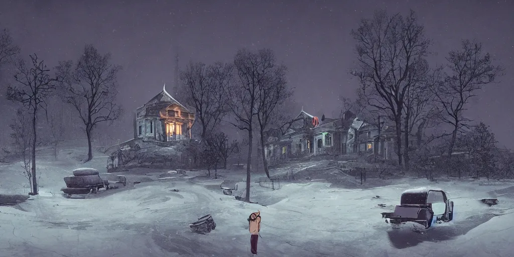 Prompt: haunted mansion on a snowy hill by simon stalenhag, matte painting