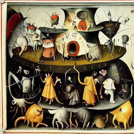 Image similar to a world invaded by cats, hieronymus bosch, very detailed