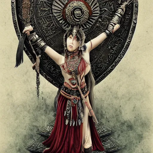 Image similar to Apsaras warrior with shield,traditional Chinese textures, hyper detailed, smooth,by Brook Shaden