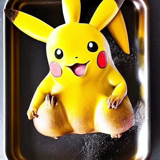 Image similar to roasted spatch pikachu in a baking tray with rosemary and thyme, cooking oil, steam, charred, ready to eat, electric sparks