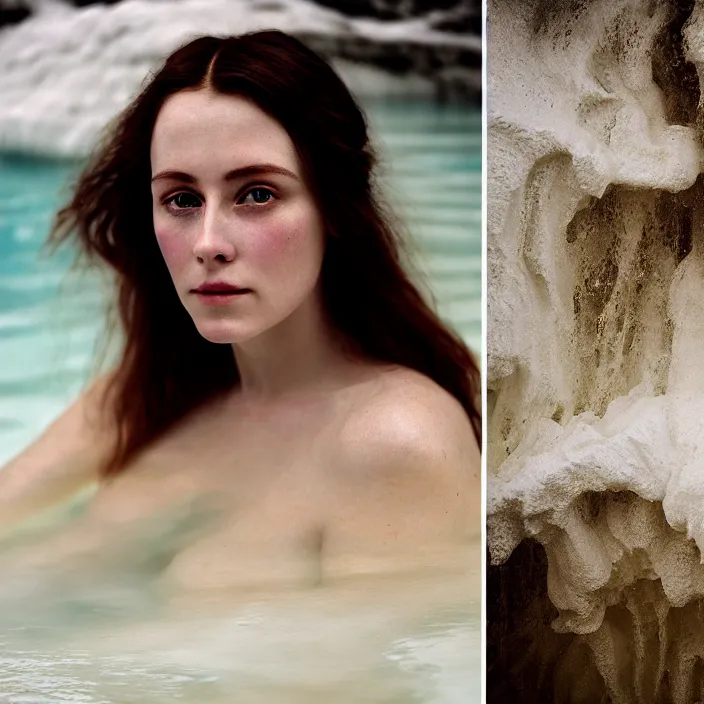 Image similar to Kodak Portra 400, 8K,ARTSTATION, CarolineGariba, soft light, volumetric lighting, highly detailed, britt marling style 3/4 ,portrait photo Close-up portrait photography of a beautiful woman how pre-Raphaelites, the face emerges from Pamukkale, thermal waters flowing down white travertine terraces, inspired by Ophelia paint ,and hair are intricate with highly detailed realistic beautiful flowers , Realistic, Refined, Highly Detailed, interstellar outdoor soft pastel lighting colors scheme, outdoor fine art photography, Hyper realistic, photo realistic