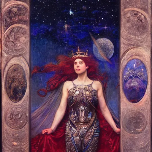 Prompt: the queen of the moon and the stars in full regalia, by Annie Swynnerton and Tino Rodriguez and jean delville, elaborately costumed, rich color, dramatic cinematic lighting, extremely detailed