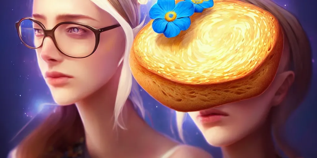 Image similar to epic professional digital art of a bread toast wearing 👓 and a blue flower, best on artstation, cgsociety, wlop, cosmic, epic, stunning, much detail, much wow, masterpiece, backlight