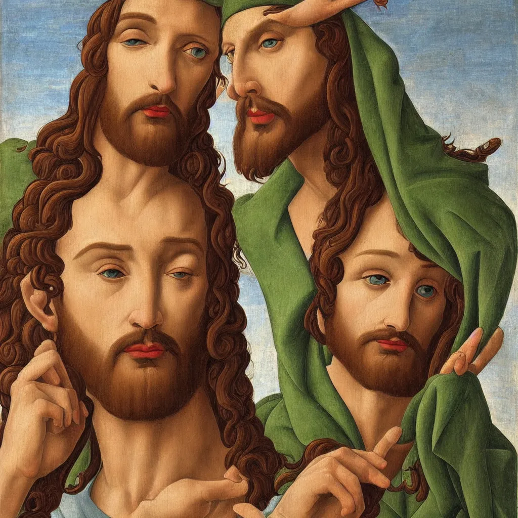Image similar to Portrait of Jesus as an elf. Oil painting in the style of Botticelli.