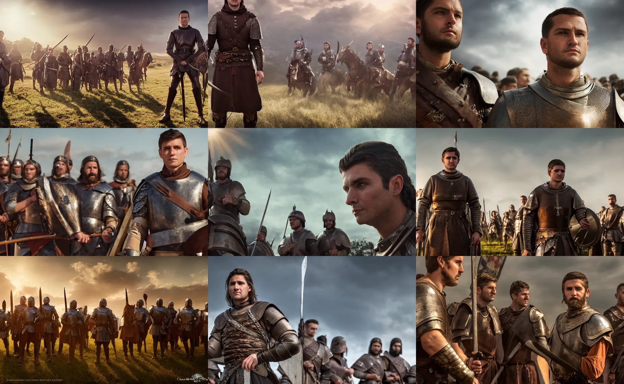 Prompt: cinematic artwork of a medieval commander in his twenties, clean shaven with short brown hair and hazel eyes, staring into the distance with a slight smile on his face, standing in front of his warriors ready for battle by greg rutowski, 4 k, masterpiece, sun rays