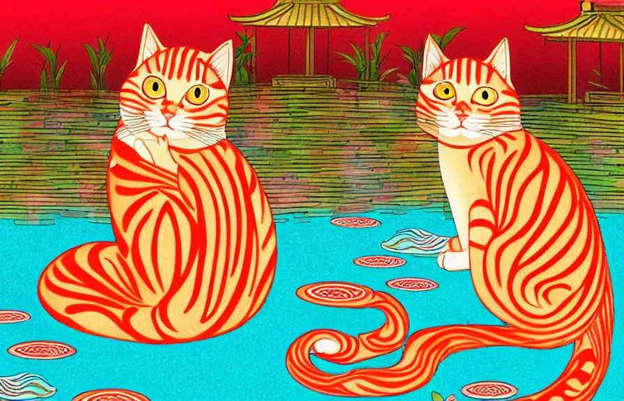 Image similar to a red tabby cat praying in a asian style temple of a holy koi fish, cute digital art, pastel colours, children's book illustration,