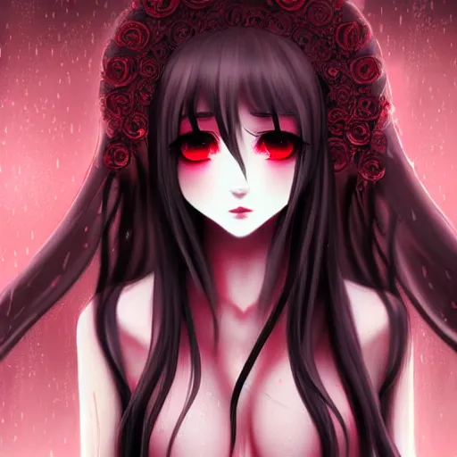 Image similar to beautiful lustful female ghost, in the rain, highly detailed, painting, dark red and black color palette, intricate, high quality anime artstyle, in the style of sana takeda