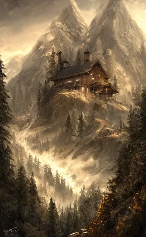 Image similar to cabin high on a mountain, the valley beneath, dynamic lighting, photorealistic fantasy concept art, trending on art station, stunning visuals, creative, cinematic, ultra detailed