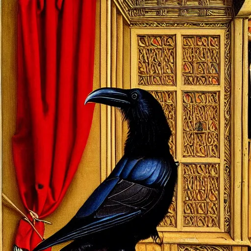 Image similar to a highly detailed painting of a raven, dressed in elegant tudor clothes, inside a room with thick red tapestries, by hans holbein