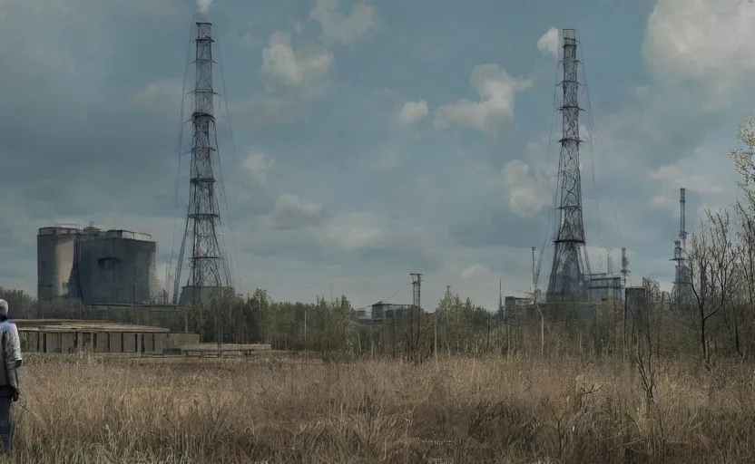 Prompt: a man looking at the chernobyl powerplant, a photorealistic painting by gregory crewdson, cgsociety, playstation 5 screenshot, matte painting, cryengine