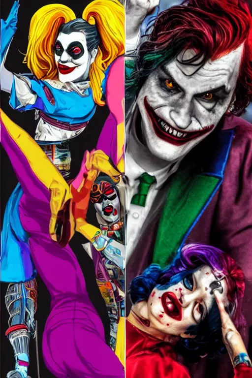 Image similar to joaquin phoenix as joker and lady gaga as harley quinn, remove duplicate content!!!!, delete duplicate content!!!, violet polsangi pop art, gta chinatown wars art style, bioshock infinite art style, incrinate, realistic anatomy, hyperrealistic, rgba color, white frame, content balance proportion