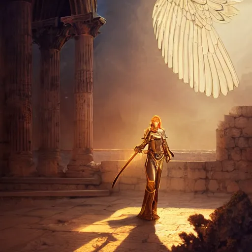 Image similar to An illustrationof a portrait of a Knights of Zodiac girl, wings, fighting at ancinet Agora of Athens, ruins, Golden Light, illustration, art by WLOP, NIXEU and greg rutkowski, volumetric light, lightrays, smoke, cinematic, intricate, hypermaximalist, super detailed